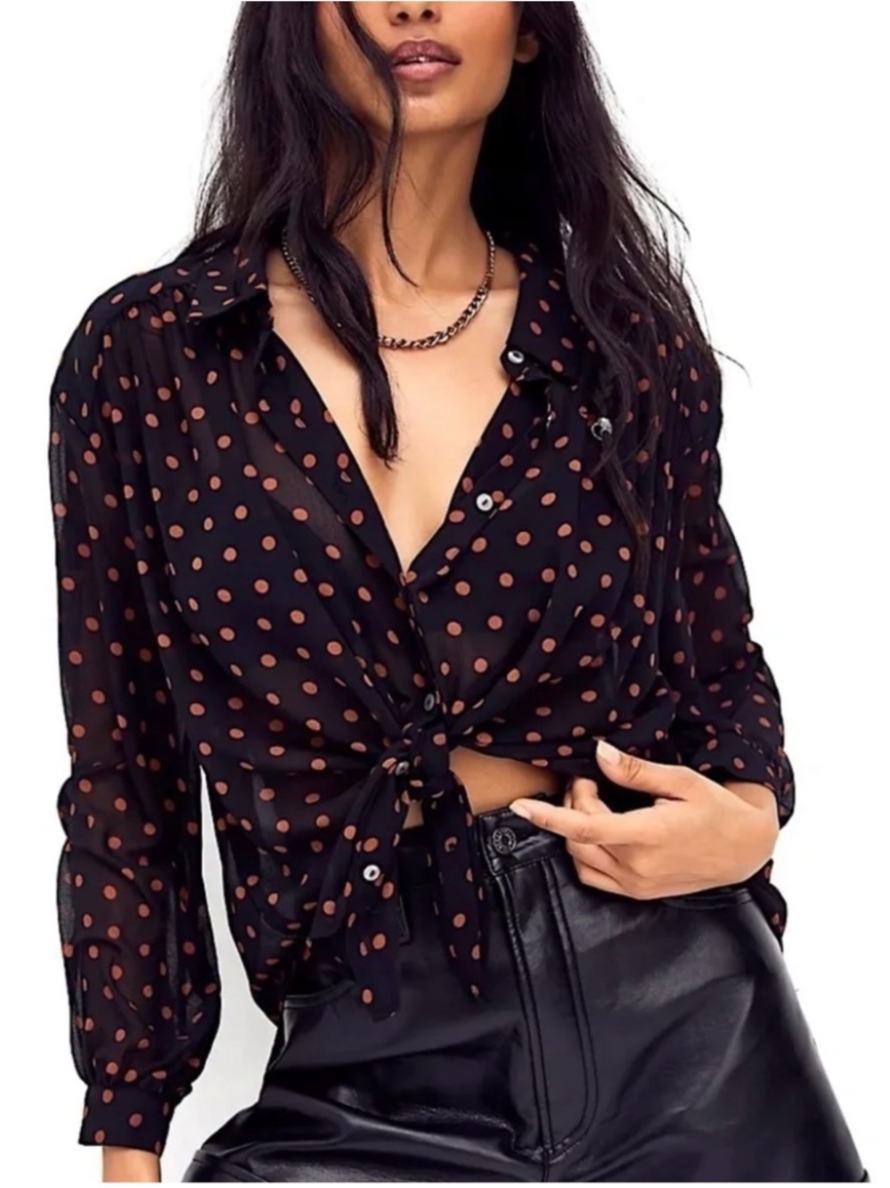 Free People Ciara Black Sheer Polka Dot Blouse